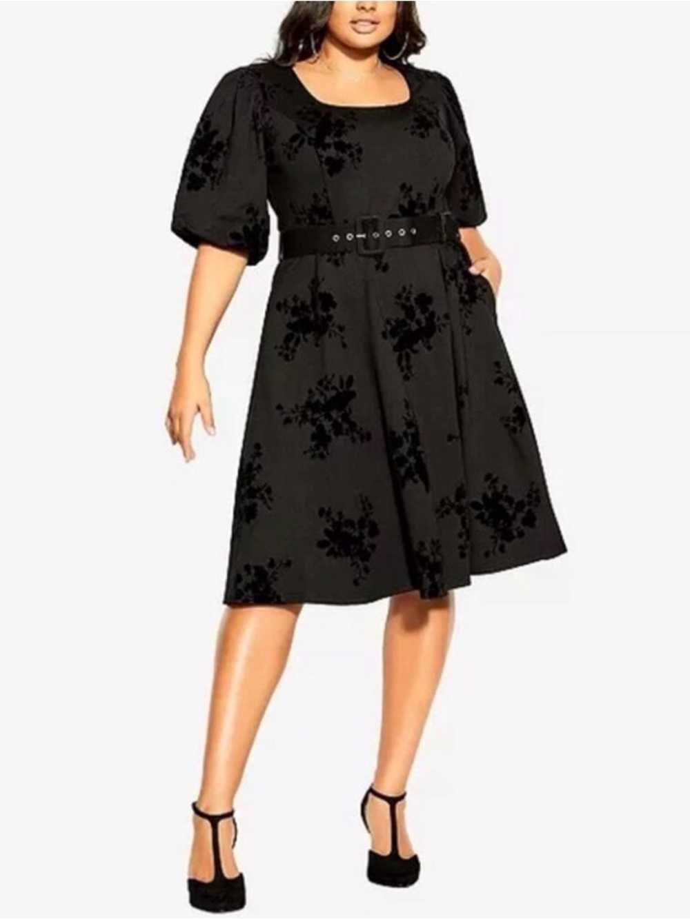 City Chic Black Velvet Floral Belted Midi Dress